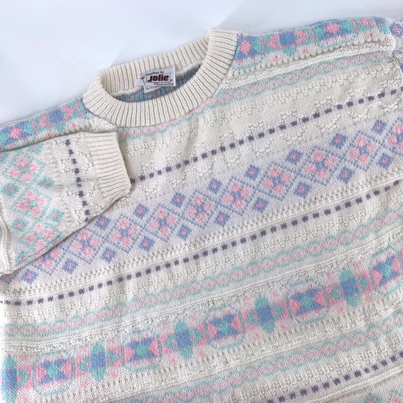 Jolie Sweaters - Vintage Sweaters by Jolie Pastel Geometric Knit Crewneck Sweater Ivory Pink Blue